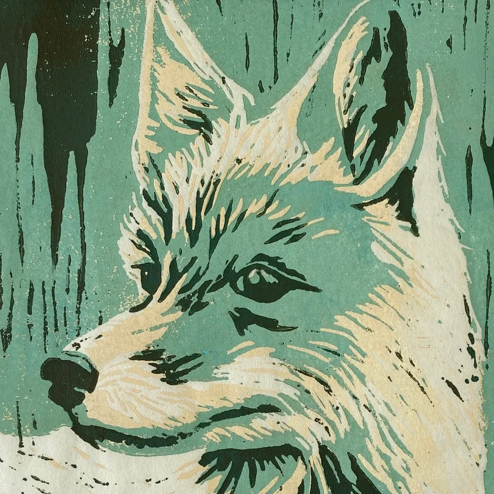 Fox Art Hand Printed Linocut Owl Reduction Print Woodland Animal Art Matted